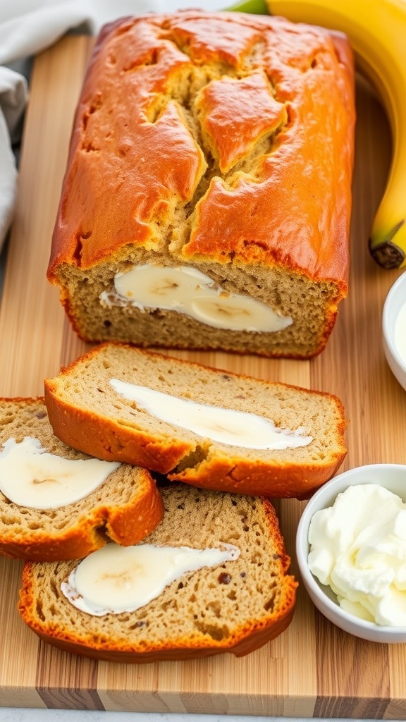 Cream Cheese Banana Bread Recipe Sliced cream cheese banana bread on a wooden board, showcasing a moist interior with a creamy swirl, surrounded by ripe bananas.